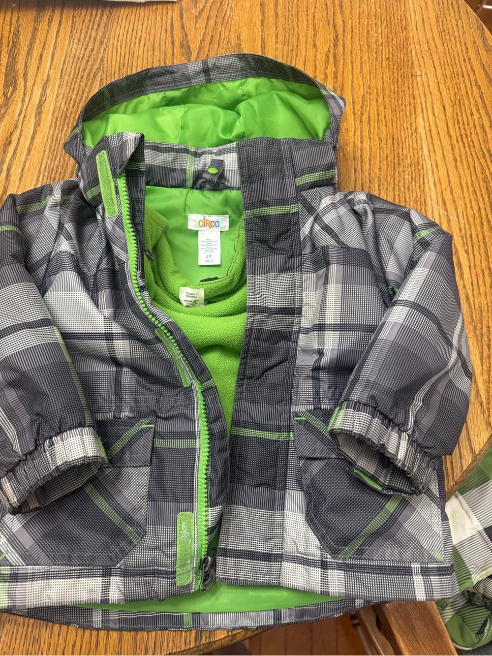 Circo Gray Plaid Puffer Jacket with Bright Green Lining